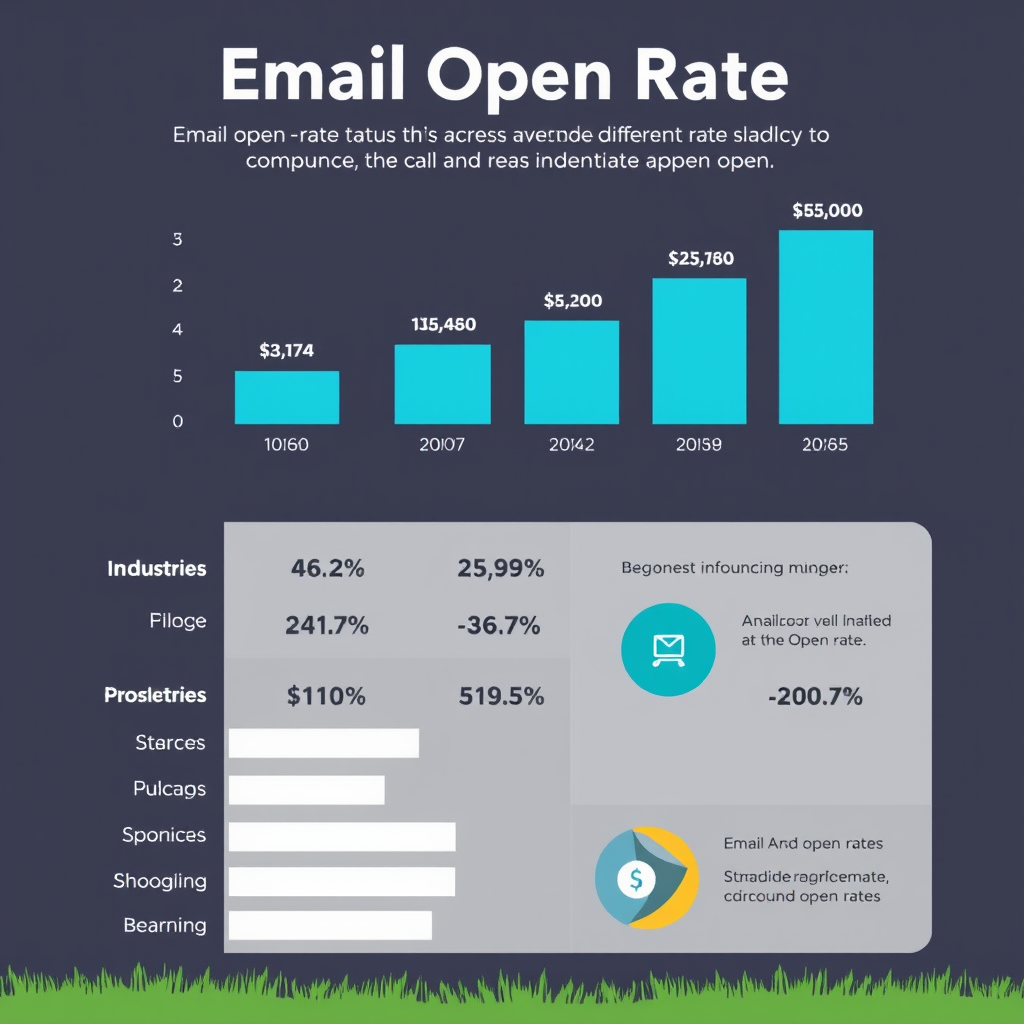 Инфографика со статистикой открываемости email-писем в разных отраслях, показывающая средние показатели и факторы влияния на открываемость